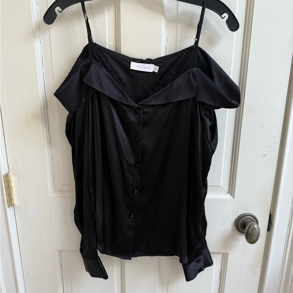 Jonathan Simkai off the shoulder black satin blouse